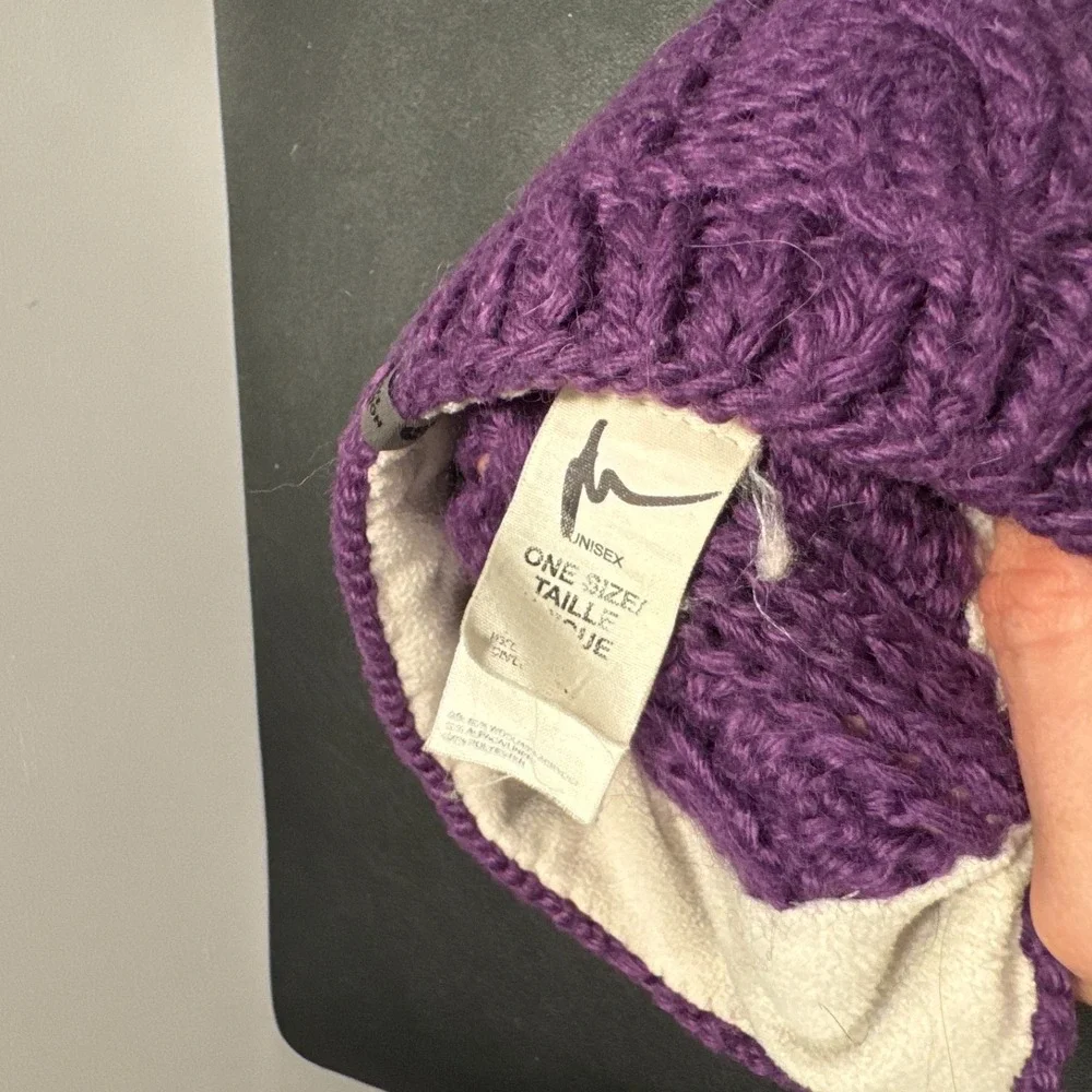 The North Face Beanie Purple Hat Crap Cable‎ Knit Alpaca Wool Blend Fleece Lined